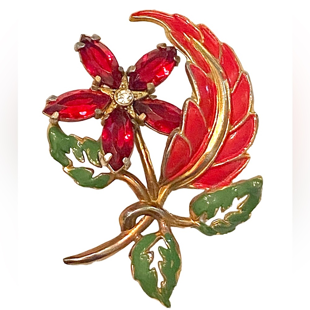 1940s Vintage Red Rhinestone Floral Brooch